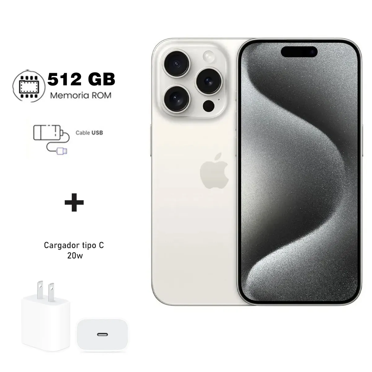 Apple Iphone 15 Pro Max 512gb Blanco 5G + Kit de carga. Reacondicionado Grado A+ A2849, marca APPLE - Foto Principal