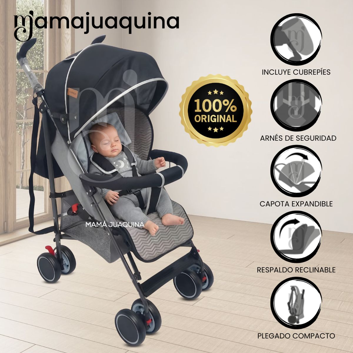 Baby - Coche Bastón Plegado Compacto «LORY» Edición Exclusiva Black