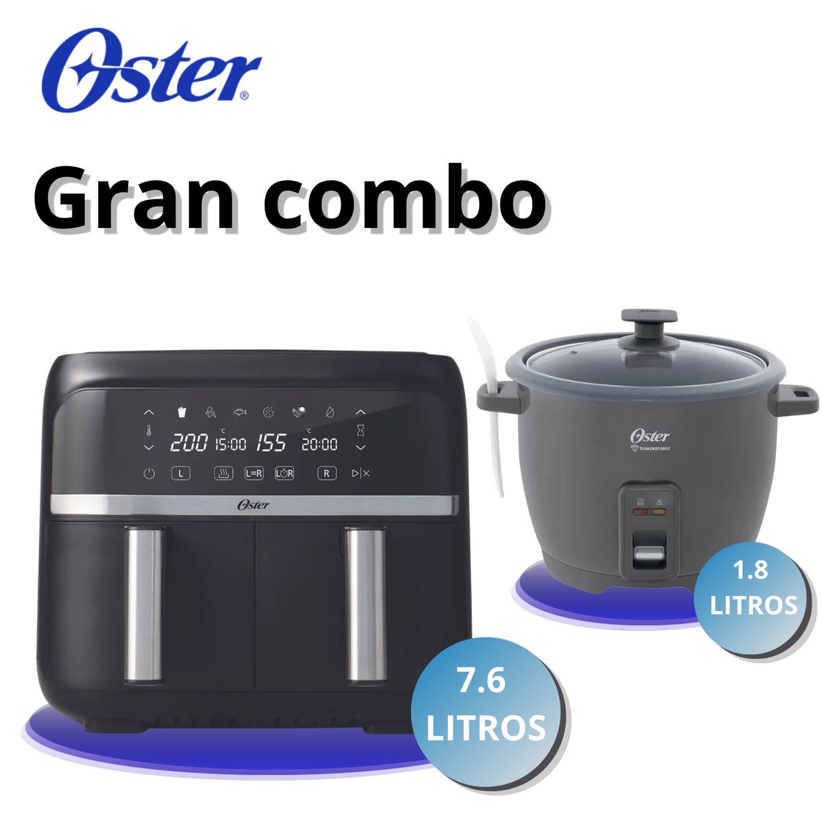 OSTER - Freidora Oster 2184263 de Aire Dual 7.6L + Olla Arrocera de 1.8 Lts Oster CKSTRCB10DFSKE