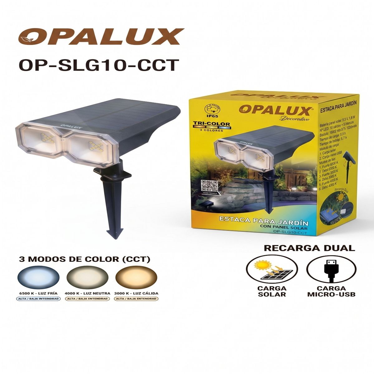 OPALUX - Estaca Solar LED Jardín Opalux Tri-color Carga Dual USB IP65