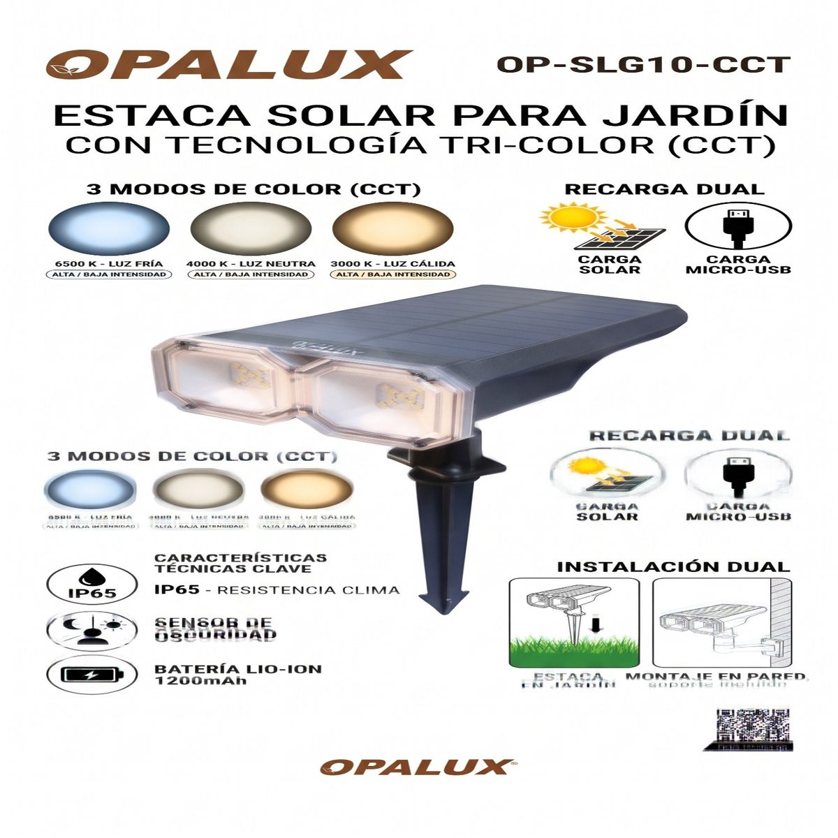 OPALUX - Estaca Solar LED Jardín Opalux Tri-color Carga Dual USB IP65