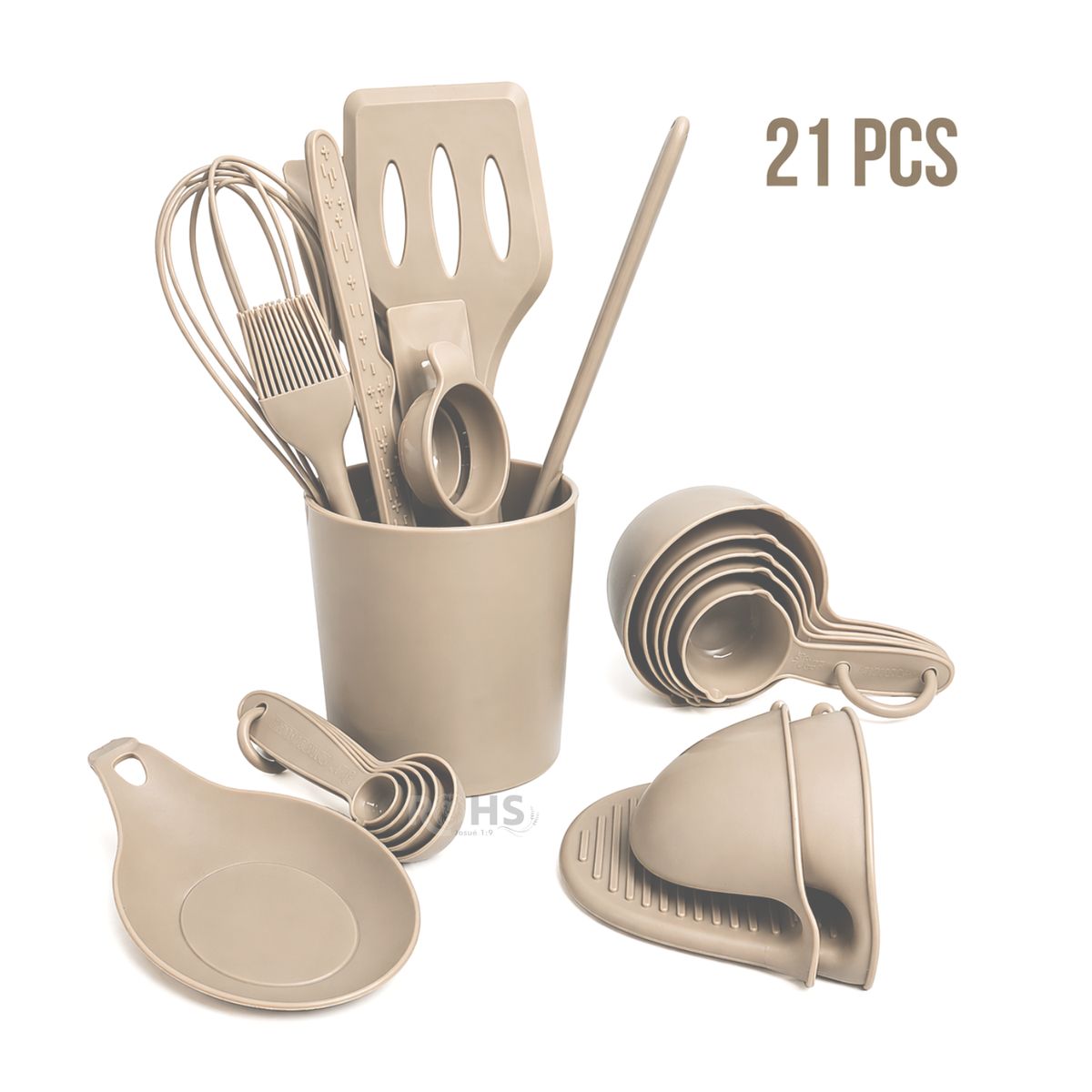 OEM - Set De Utensilios De Cocina Silicona 21 Piezas Con Base Y Accesorios Resistente Al Calor - Café