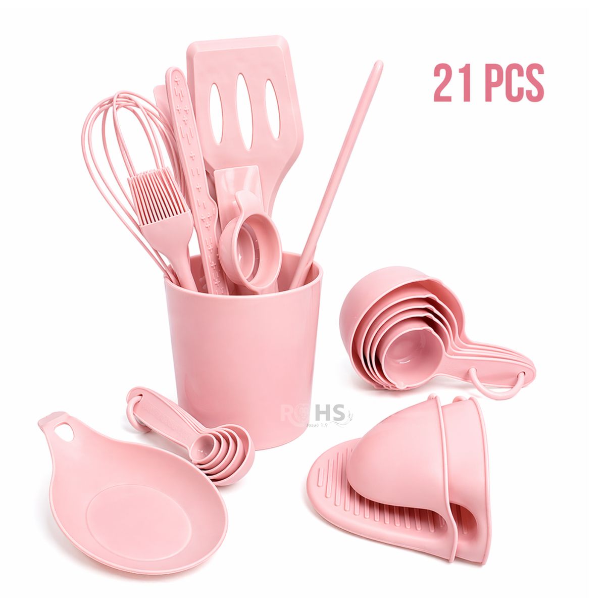 OEM - Set De Utensilios De Cocina Silicona 21 Piezas Con Base Y Accesorios Resistente Al Calor - Rosa