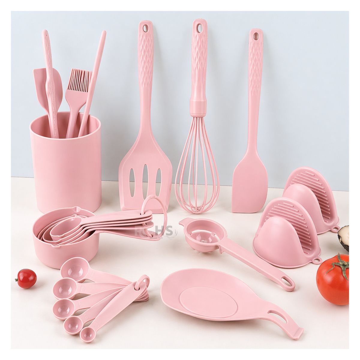 OEM - Set De Utensilios De Cocina Silicona 21 Piezas Con Base Y Accesorios Resistente Al Calor - Rosa