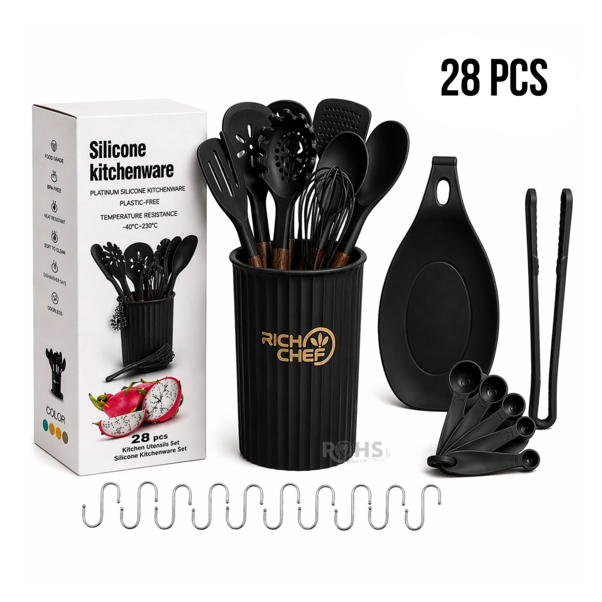 OEM - Set De Utensilios De Cocina Silicona 28 Piezas Con Base Y Accesorios Resistente Al Calor Negro