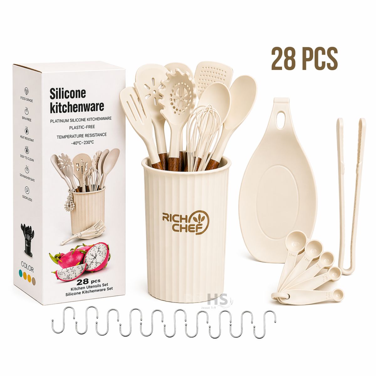 OEM - Set De Utensilios De Cocina Silicona 28 Piezas Con Base Y Accesorios Resistente Al Calor Beige