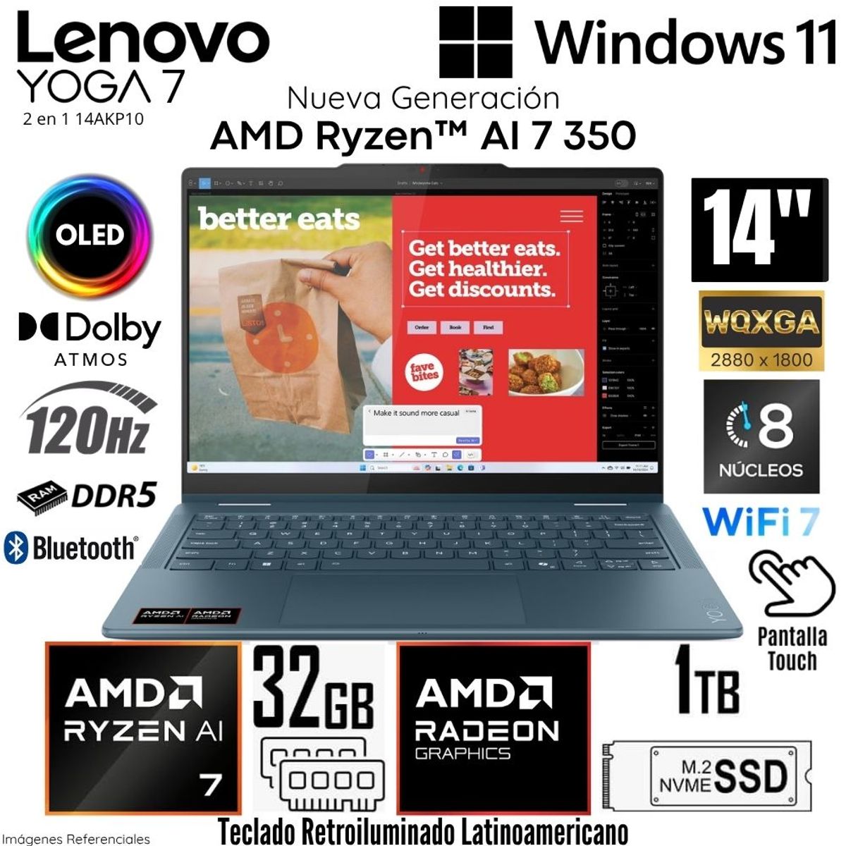 LENOVO - Laptop Lenovo Yoga 7 2 en 1 14AKP10 AMD Ryzen AI 7 350 32GB RAM 1TB SSD 14"  OLED 2.8K WQXGA TÁCTIL