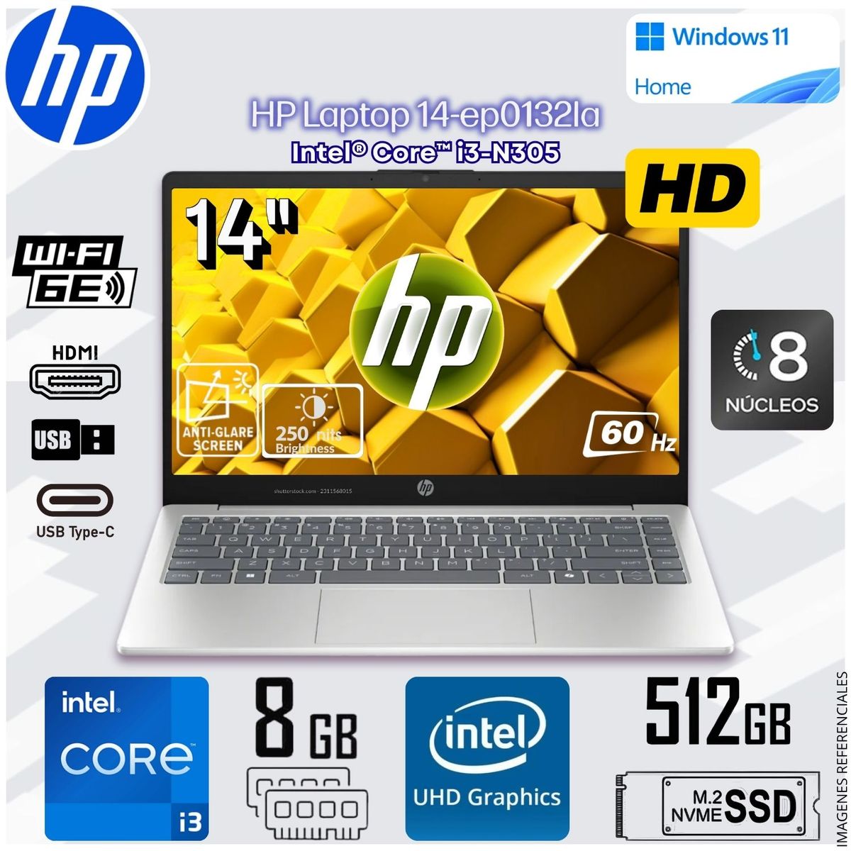 HP - Laptop Notebook HP 14-EP0132LA 14 HD Intel® Core™ i3-N305 Intel® UHD Graphics 8GB DDR4 512GB SSD C92PTLA