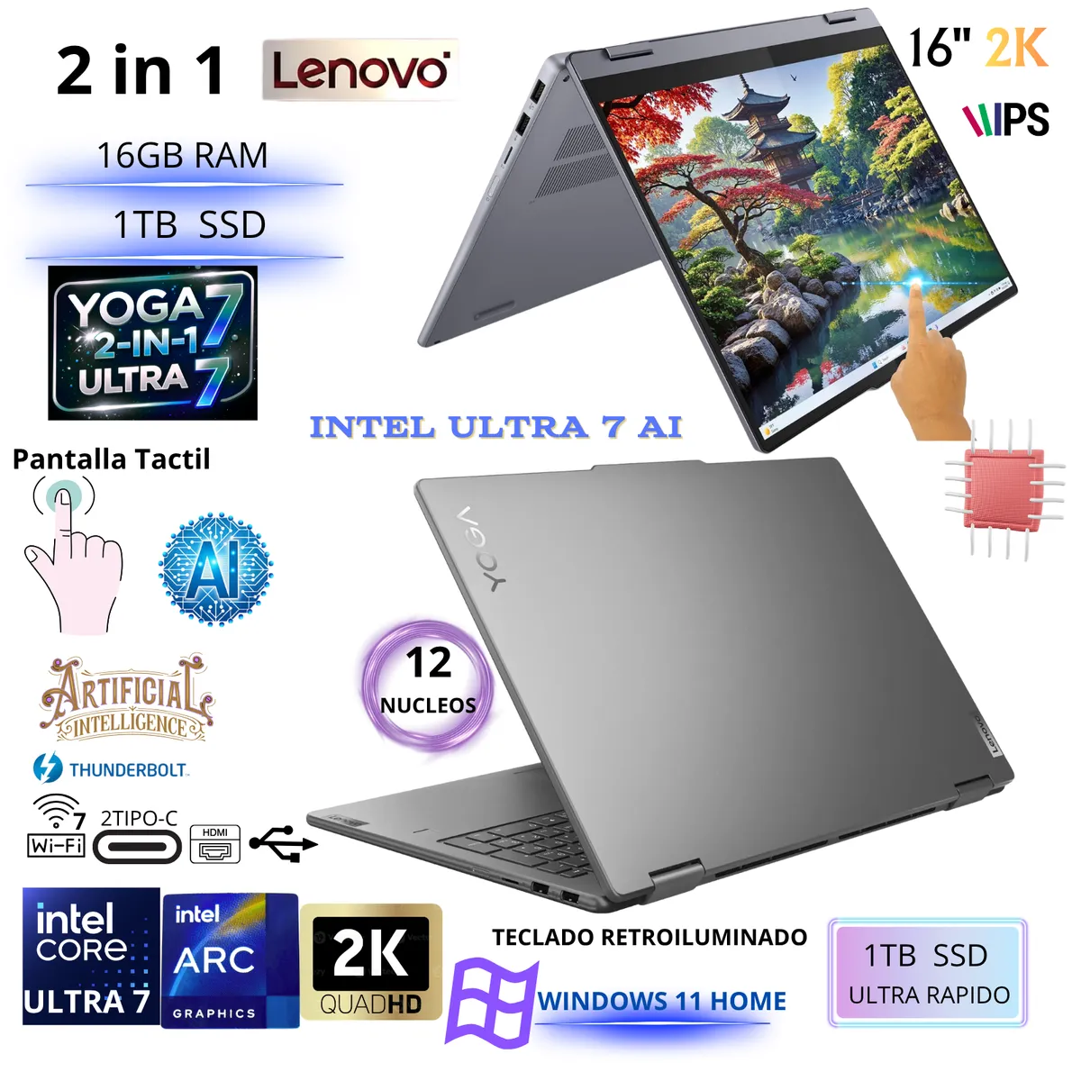 LENOVO - Laptop Lenovo Yoga 7 2-en-1 16” Ultra 7 155U 16GB RAM 1TB SSD  Pantalla Táctil Con IA Windows 11