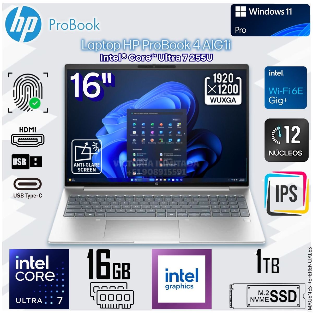 HP - Laptop Notebook HP ProBook 4 AIG1i 16" WUXGA Intel® Core™ Ultra 7 255U 16GB DDR5 1TB SSD - BH8M9LT