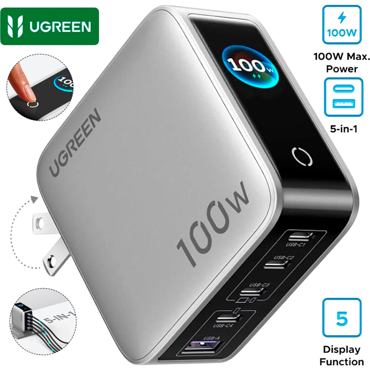 UGREEN - Cargador UGREEN Nexode Pro 100W GaN X773 5 Puertos Pantalla Táctil