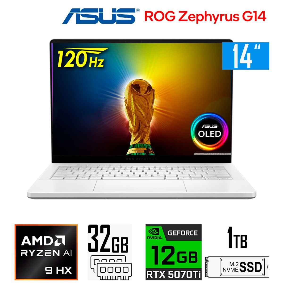 ASUS - Laptop Gamer Asus ROG Zephyrus G14 Ryzen AI 9-HX370 12gb RTX5070Ti 32gb Ram 1tb ssd 14″ OLED 120Hz