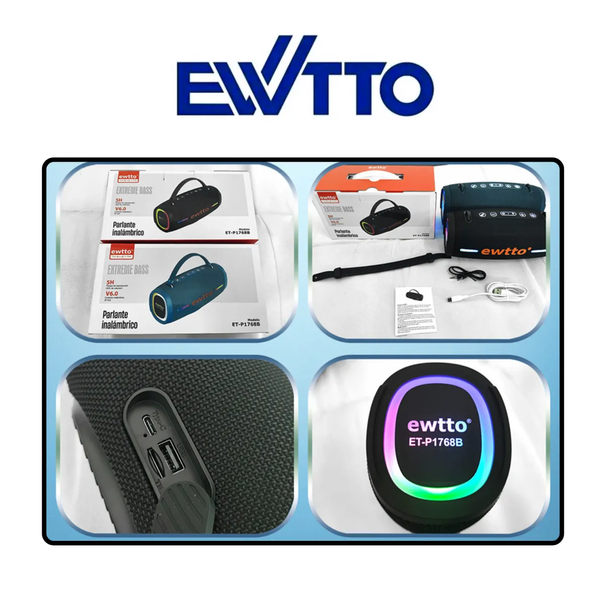 EWTTO - Parlante Inalambrico EWTTO Extreme Bass 30 Watts 5h. al 50% BT/TF/USB/AUX/RGB/TWS ET-P1768B (Azul)