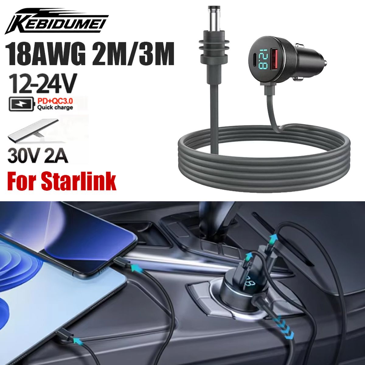 OEM - Cargador de Auto Para Starlink Mini 3 en 1 con Pantalla Digital - 2 Metros - Puertos USB A y C