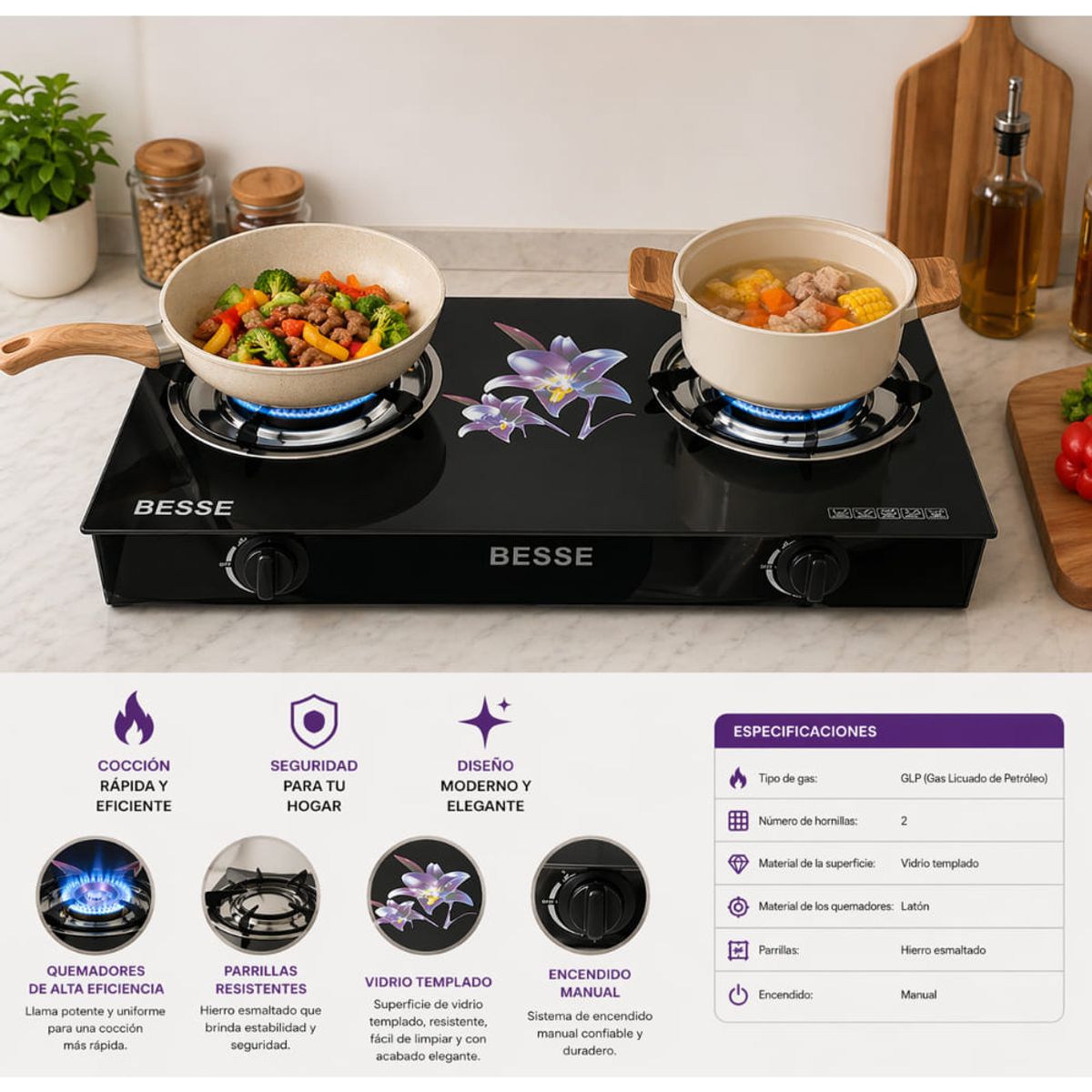 GENERICO - Cocina Gas 2 Hornillas Vidrio Templado Alta Potencia Diseño Moderno Elegante Compacta