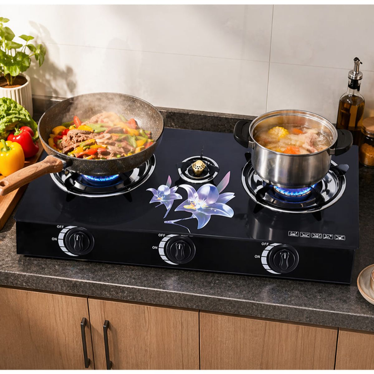 GENERICO - Cocina Gas 3 Hornillas Vidrio Templado Alta Potencia Diseño Moderno Elegante Compacta