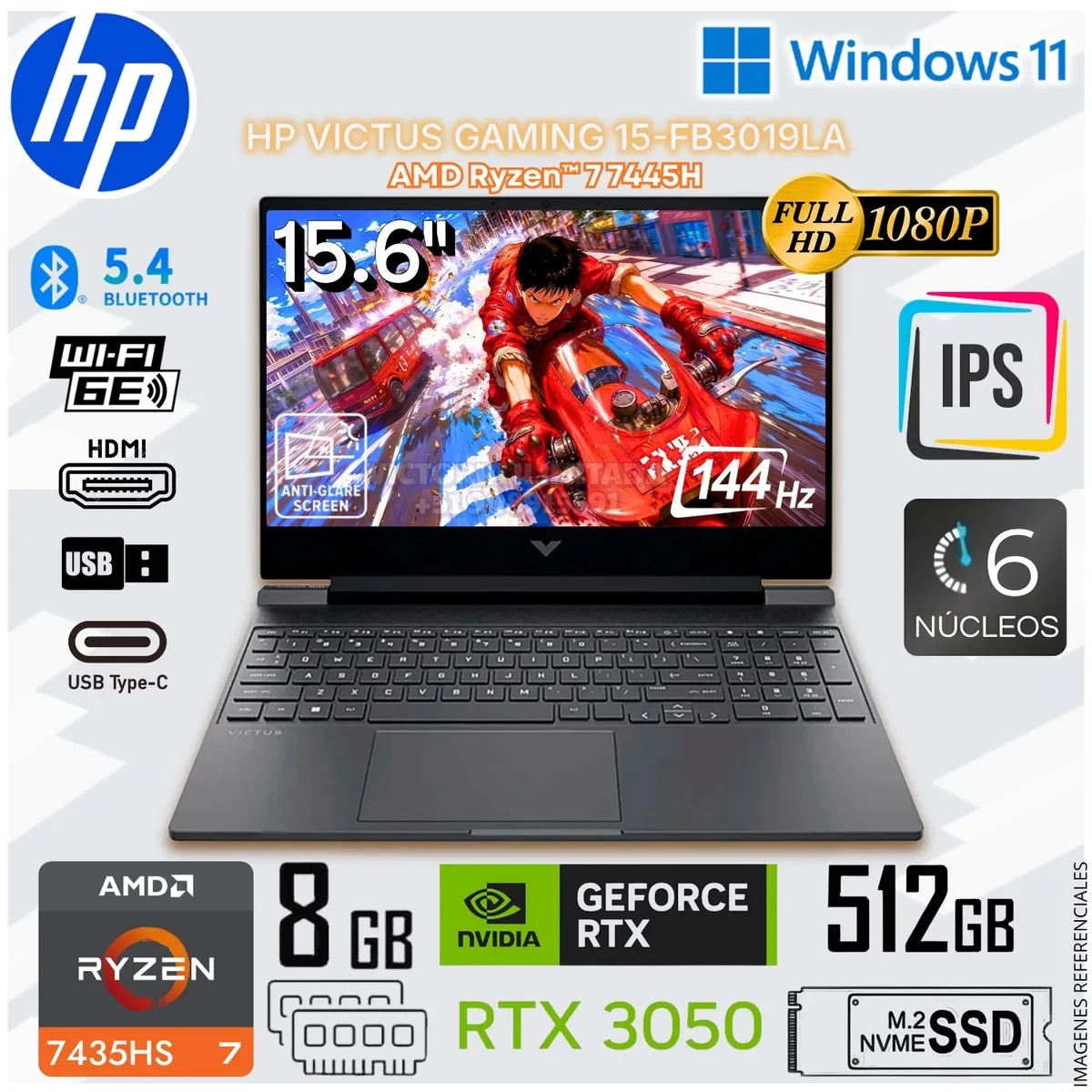 HP - Laptop Gamer HP Victus 15-FB3019LA 15.6" FHD AMD Ryzen™ 7 7445H GeForce RTX™ 3050 8GB DDR5 512GB SSD