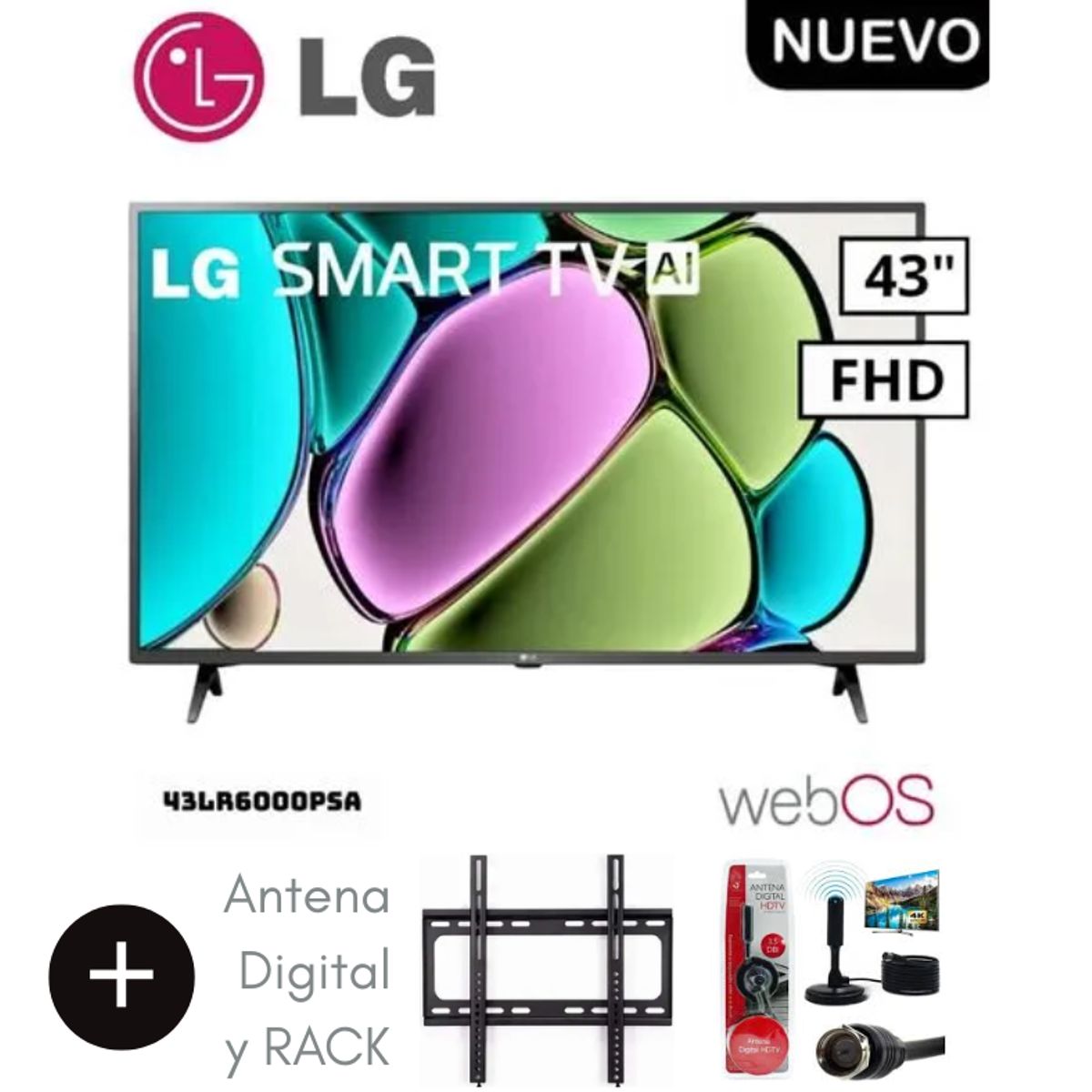 LG - Televisor LG 43 FHD Smart TV AI 43LR6000PSA + Antena Digital + RACK