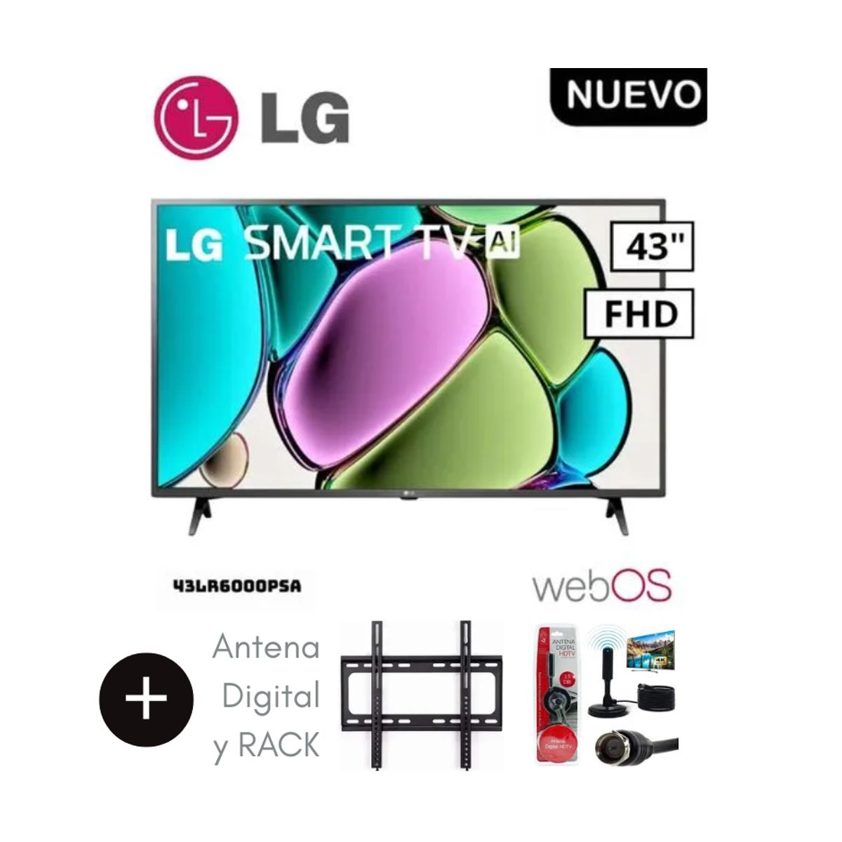 LG - Televisor LG 43 FHD Smart TV AI 43LR6000PSA + Antena Digital + RACK