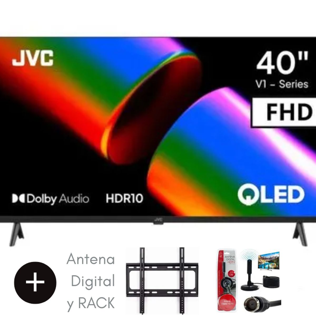 GENERICO - Televisor JVC 40 QLED FHD Google TV LT-40KB758 + Antena Digital + RACK