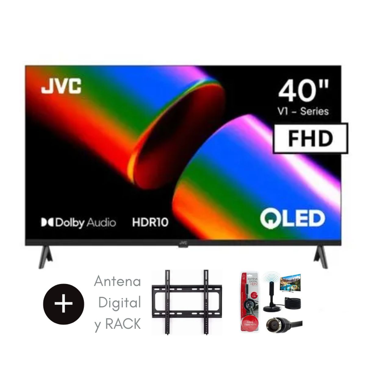 GENERICO - Televisor JVC 40 QLED FHD Google TV LT-40KB758 + Antena Digital + RACK