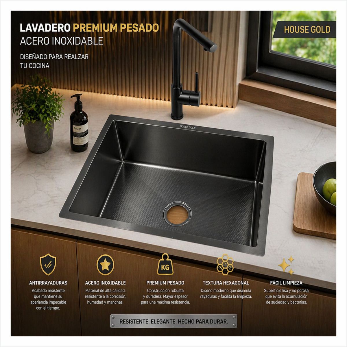 LAVADERO PREMIUM PESADO DE COCINA 50x40 Negro - Acero Inoxidable, marca GENERICO - Foto 2
