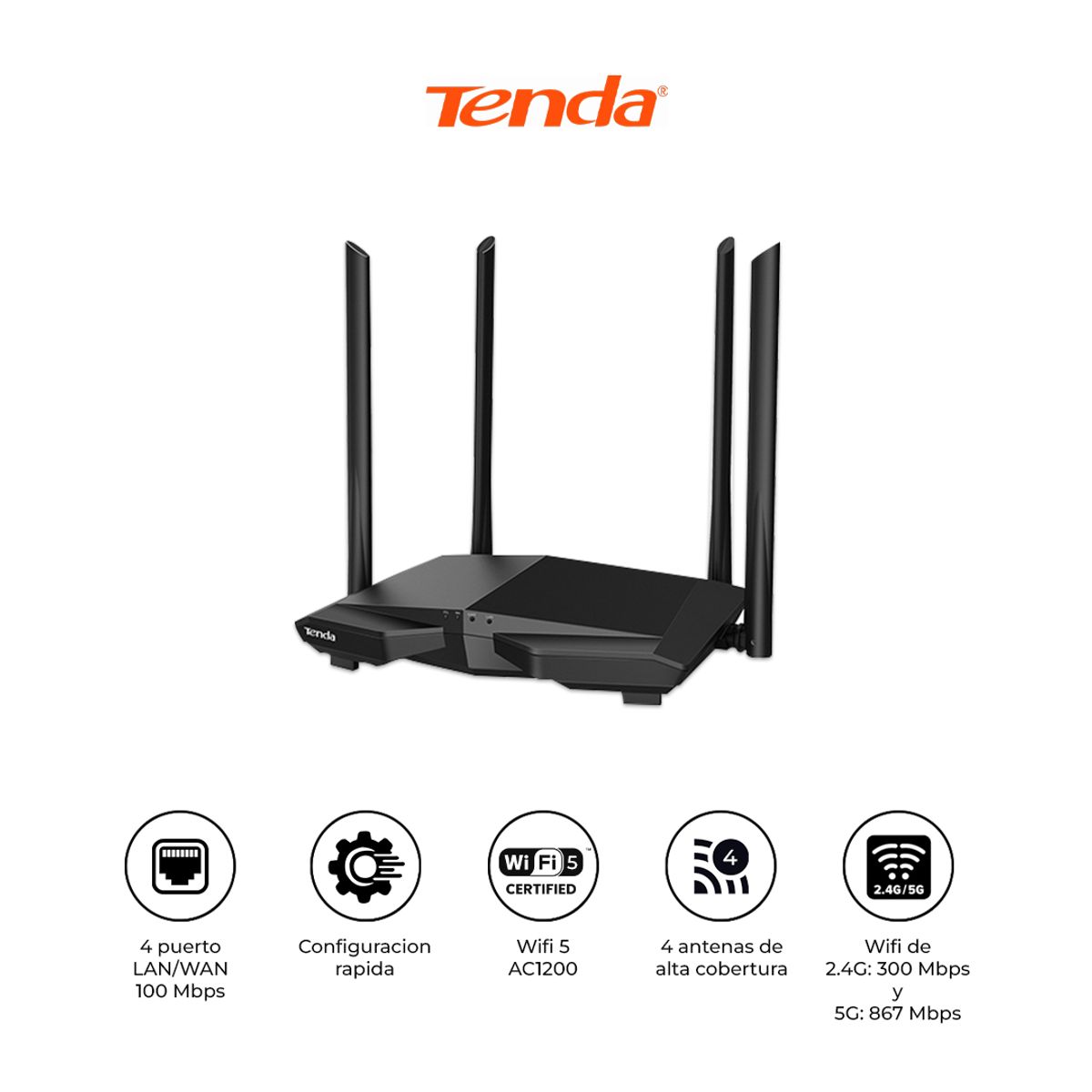 TENDA - Router WiFi Tenda AC6 AC1200 Doble Banda 4 Antenas
