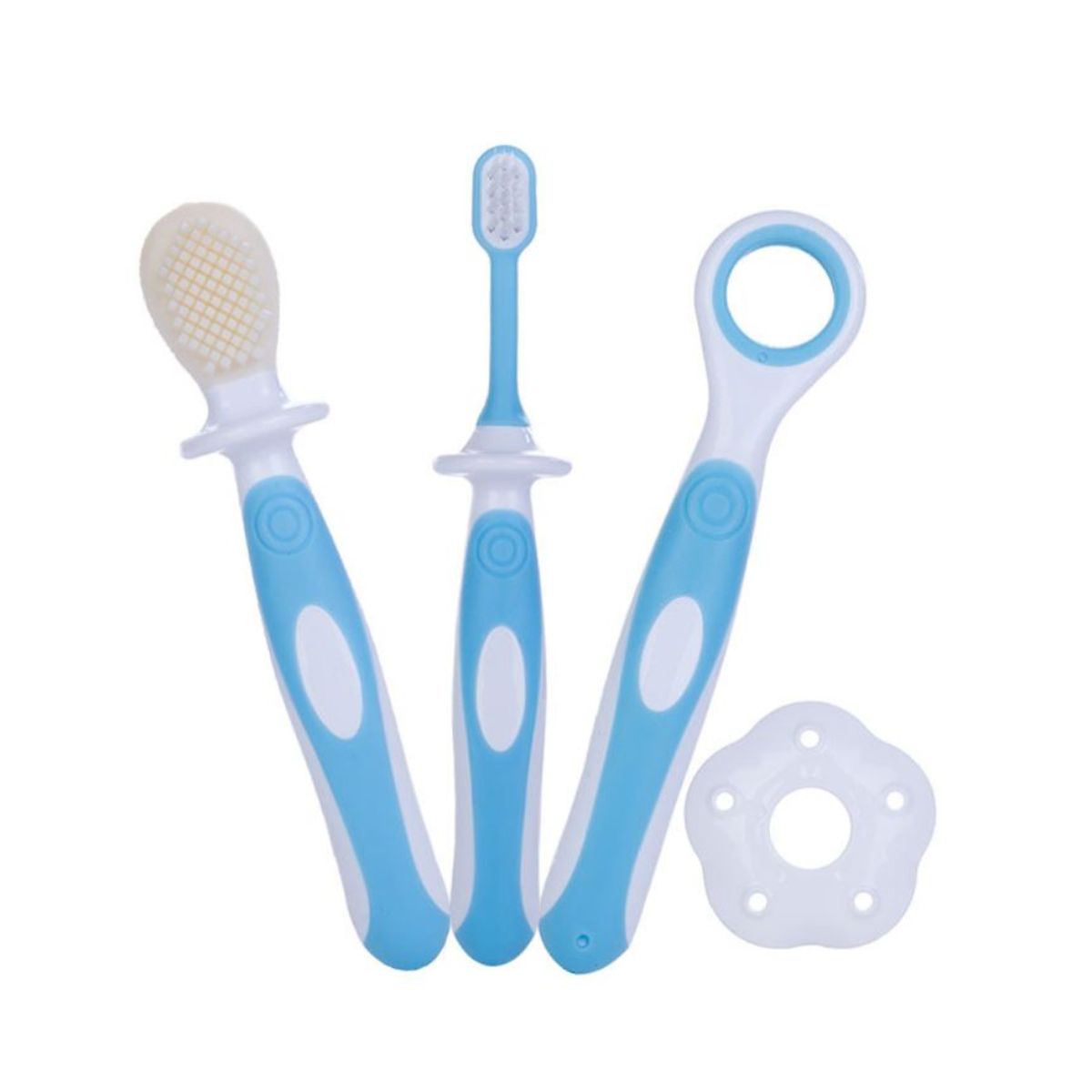 GENERICO - Set Cepillo de Dientes para Bebé celeste 3 en 1 de Silicona desde 0 Meses - Libre de BPA - Incluye Protector