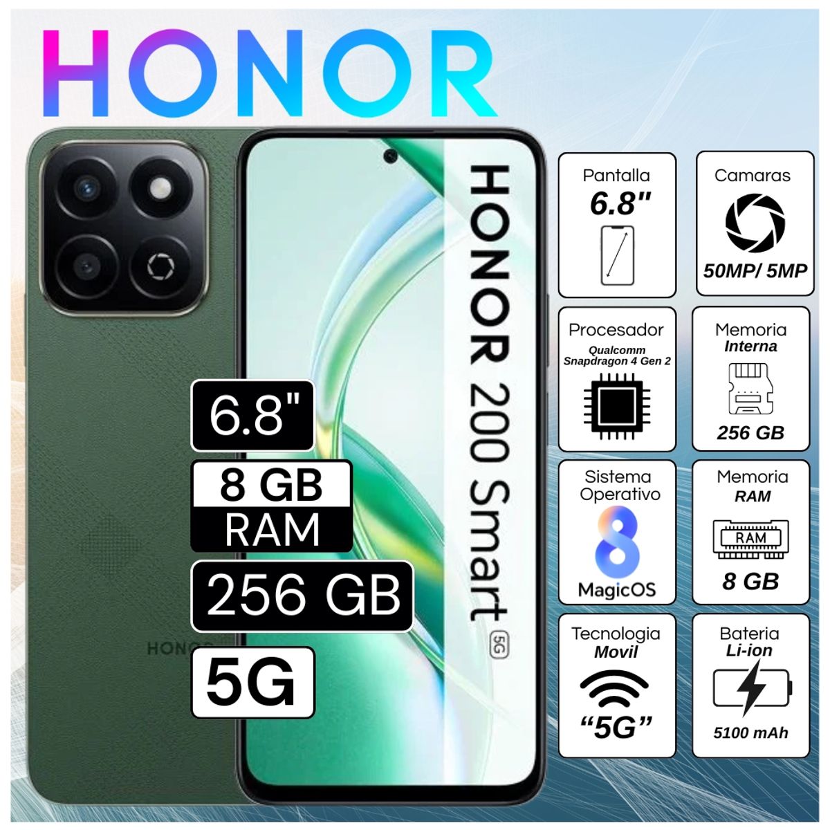 HONOR - Celular Honor 200 Smart 6.8"  Pulg. 8GB RAM 256GB RAM MagicOS 8.0 - Verde