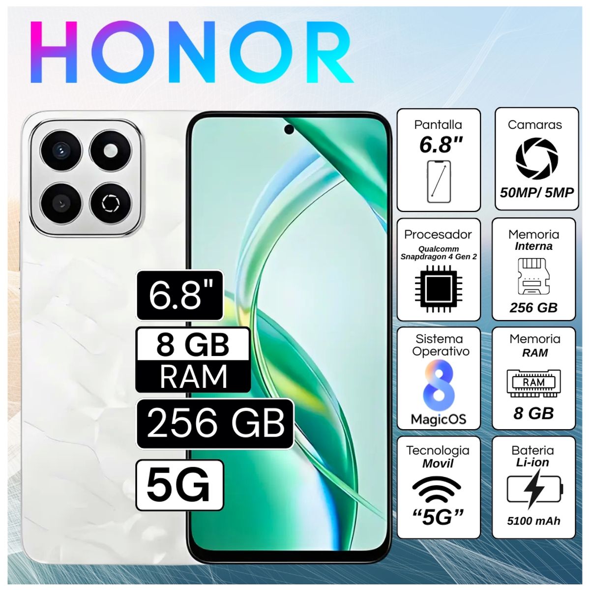 HONOR - Celular Honor 200 Smart 6.8"  Pulg. 8GB RAM 256GB RAM MagicOS 8.0 - Blanco