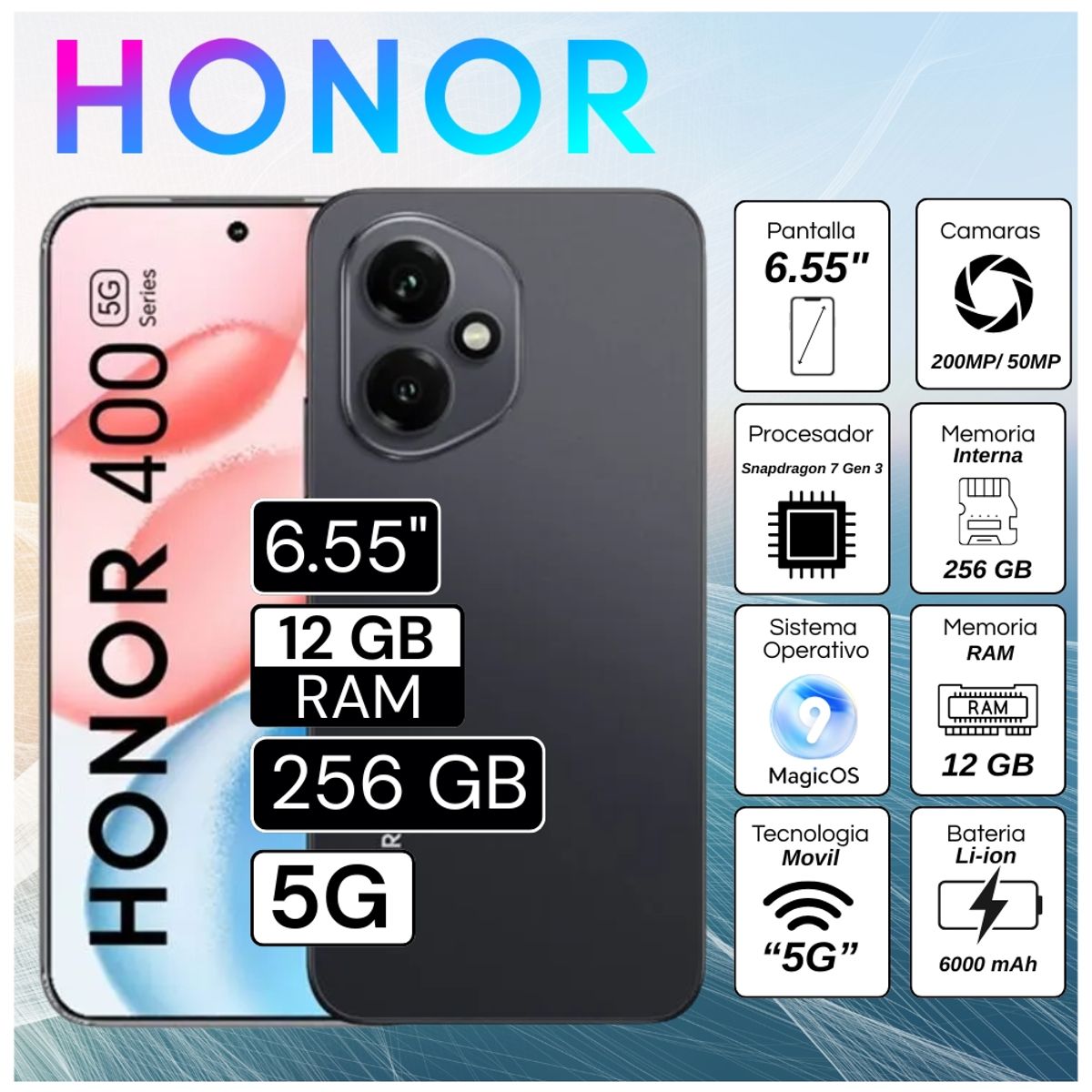 HONOR - Celular Honor 400 6.55"  Pulg. 12GB RAM 256GB RAM MagicOS 9.0 - Negro