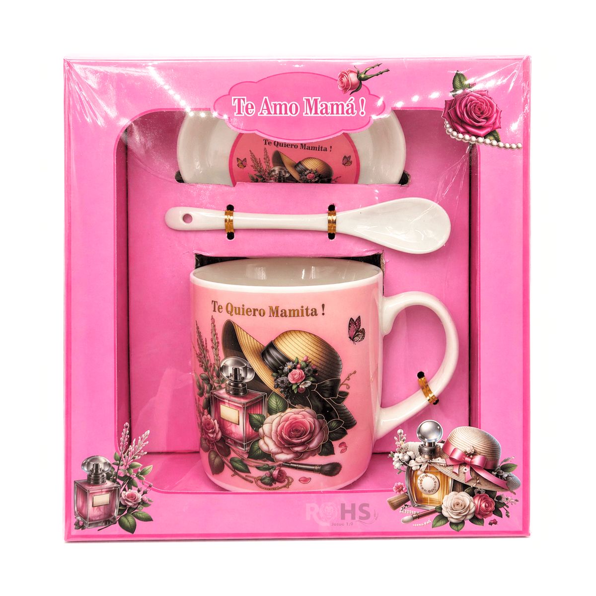 OEM - Set De Regalo Para Día De La Madre Taza Con Plato Y Cuchara Te Amo Mamá Diseño Rosa Cerámica