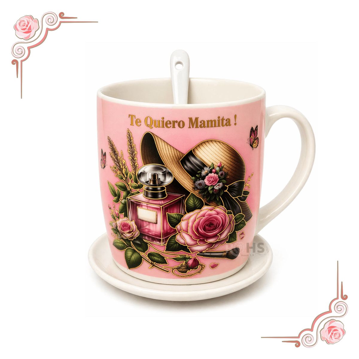 OEM - Set De Regalo Para Día De La Madre Taza Con Plato Y Cuchara Te Amo Mamá Diseño Rosa Cerámica