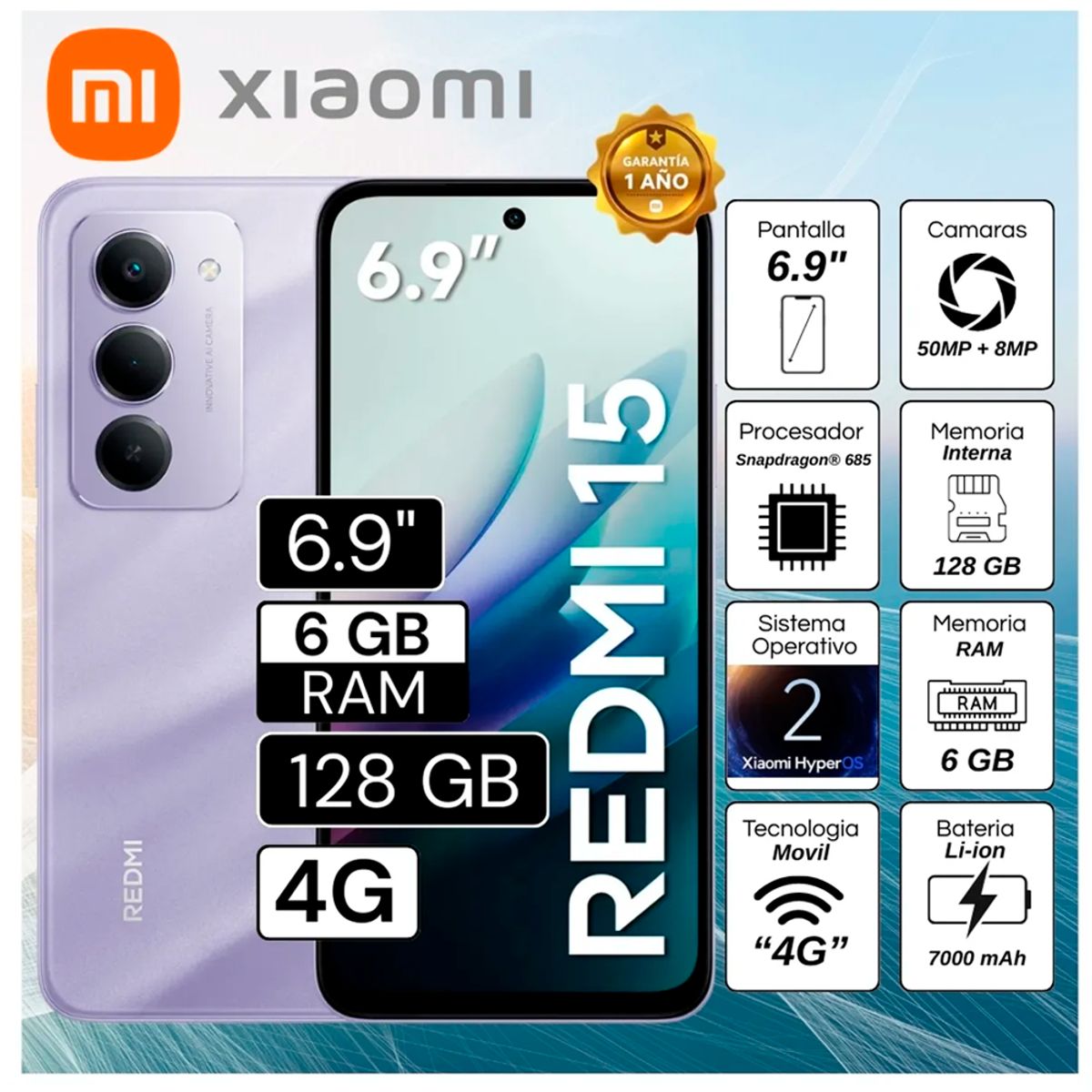 CELULAR REDMI 15 6RAM 128GB MORADO, marca XIAOMI - Foto Principal