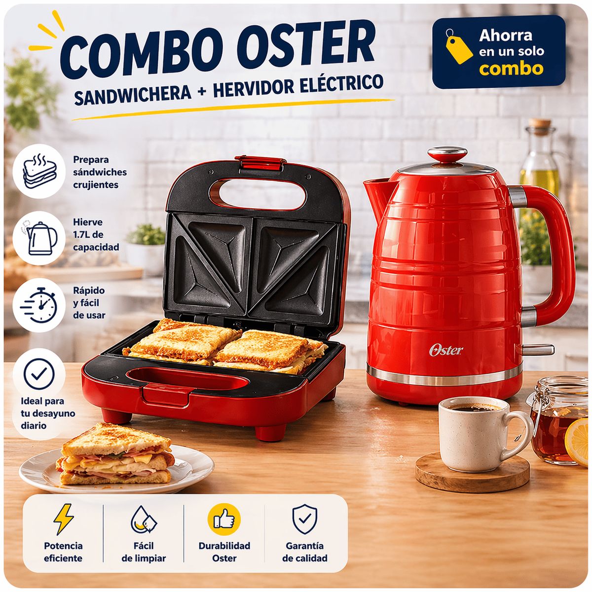 OSTER - Combo Oster Sandwichera + Hervidor Eléctrico 1.7L  Desayuno Completo Rápido y Práctico