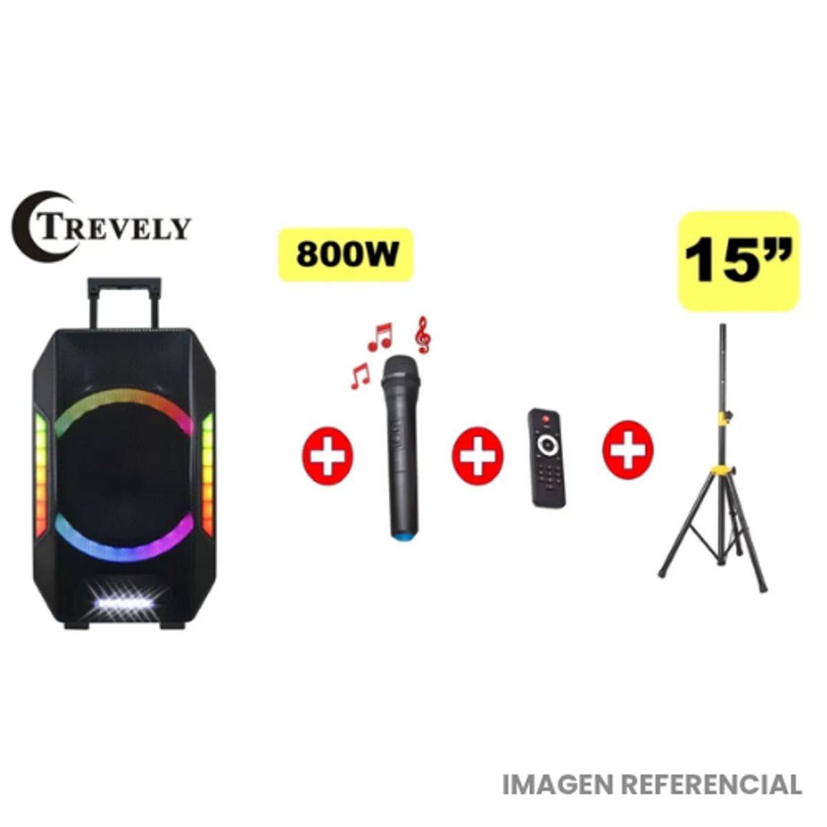 TREVELY - Parlante Portátil Trevely TA-1592, 15 Pulgadas, 800W, Bluetooth, Luces LED, Incluye Trípode PAT-70