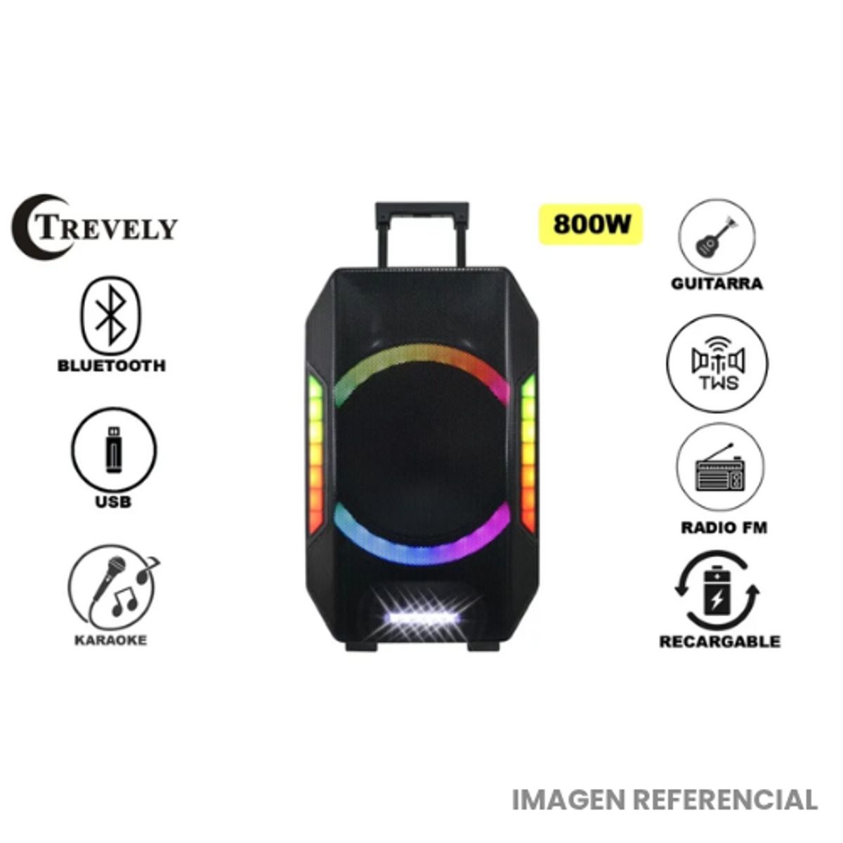 TREVELY - Parlante Portátil Trevely TA-1592, 15 Pulgadas, 800W, Bluetooth, Luces LED, Incluye Trípode PAT-70
