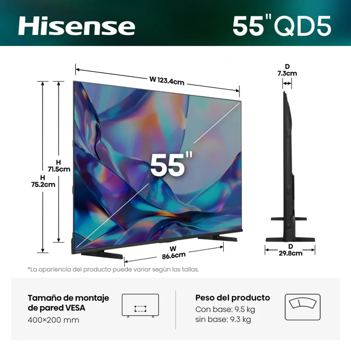 HISENSE - TELEVISOR HISENSE 55 QLED SMART TV VIDAA 4K UHD 2026 - 55QD5SV