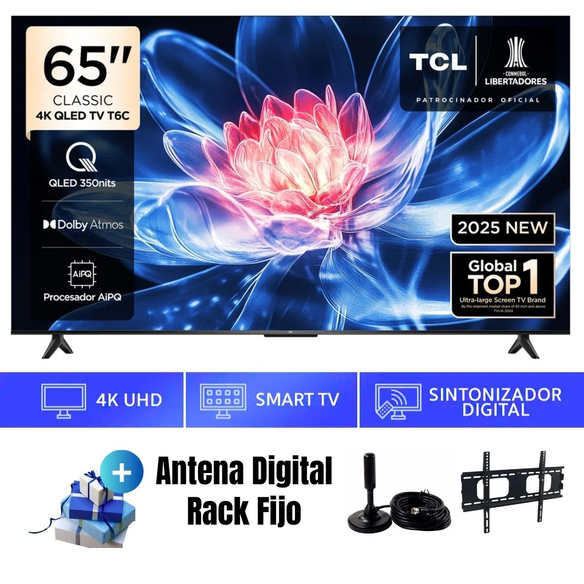TCL - Televisor Smart TV TCL 65'' UHD 4K QLED GoogleTV  65T6C 2025 + Ant + Rack Fijo