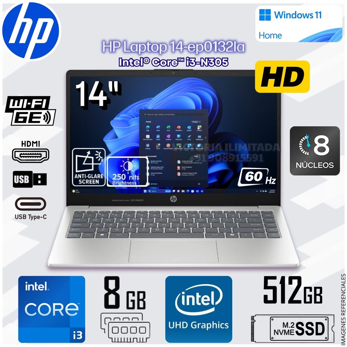 HP - Laptop Notebook HP 14-EP0132LA 14 HD Intel® Core™ i3-N305 Intel® UHD Graphics 8GB DDR4 512GB SSD C92PTLA