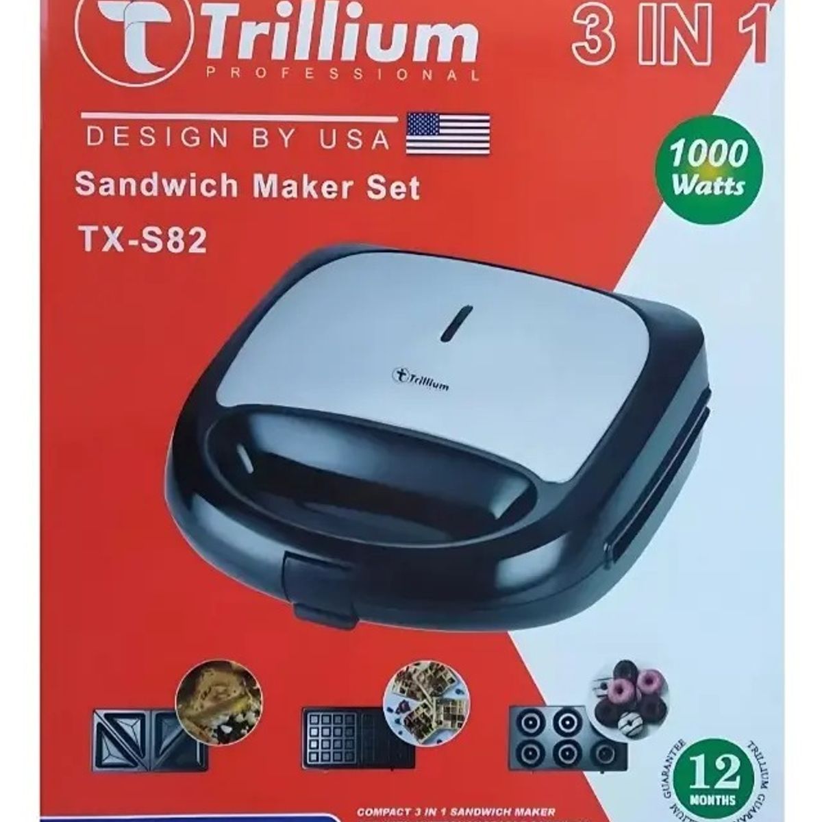 GENERICO - Sandwichera 3 en 1 Trillium 1000W Placas Intercambiables Waflera Donas Antiadherente Multifuncional