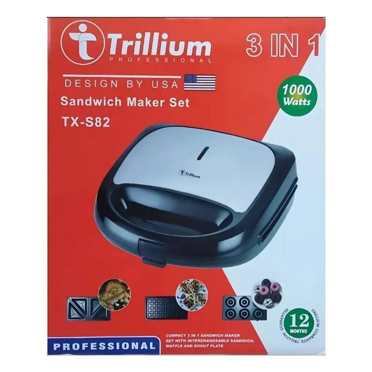 GENERICO - Sandwichera 3 en 1 Trillium 1000W Placas Intercambiables Waflera Donas Antiadherente Multifuncional