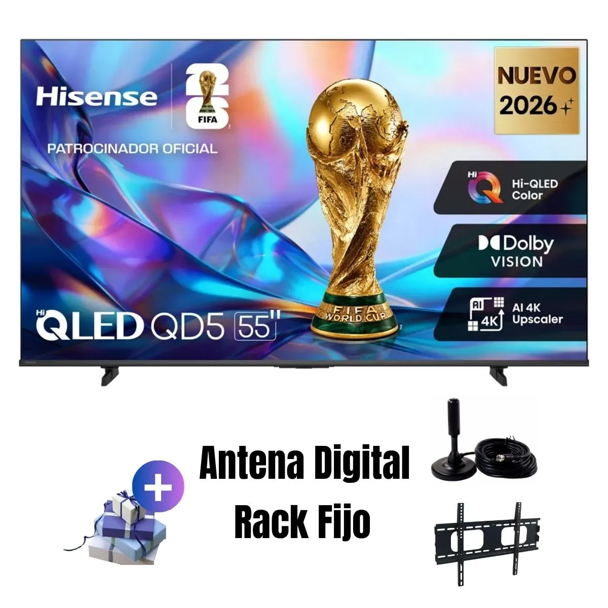 HISENSE - Televisor Hisense 55'' QLED UHD 4K 55QD5SV 2026 + Ant + Rack Fijo