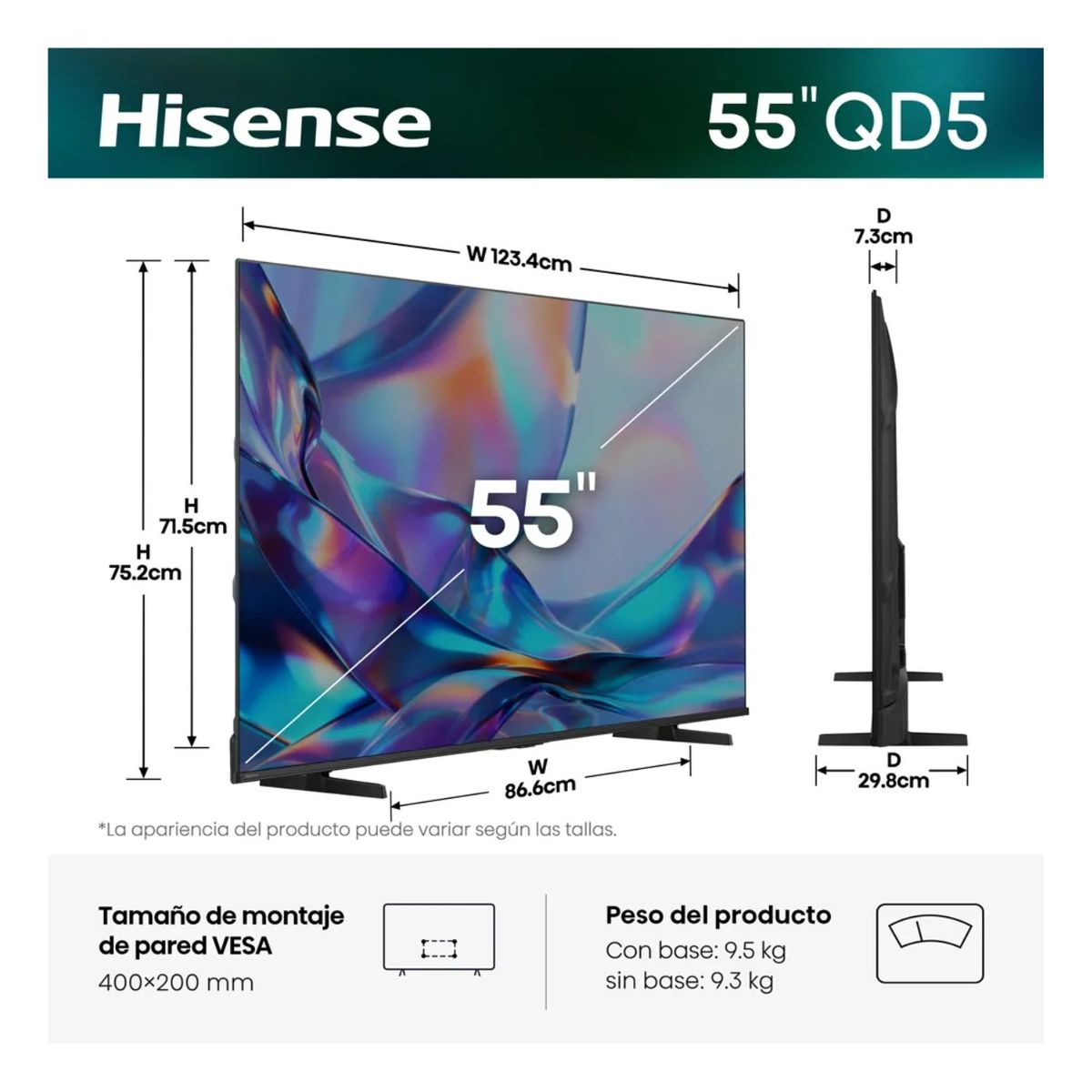 HISENSE - Televisor Hisense 55'' QLED UHD 4K 55QD5SV 2026 + Ant + Rack Fijo