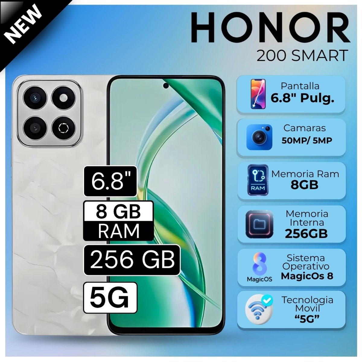 HONOR - Celular Honor 200 Smart 6.8"  Pulg. 8GB RAM 256GB RAM MagicOS 8.0 - Blanco