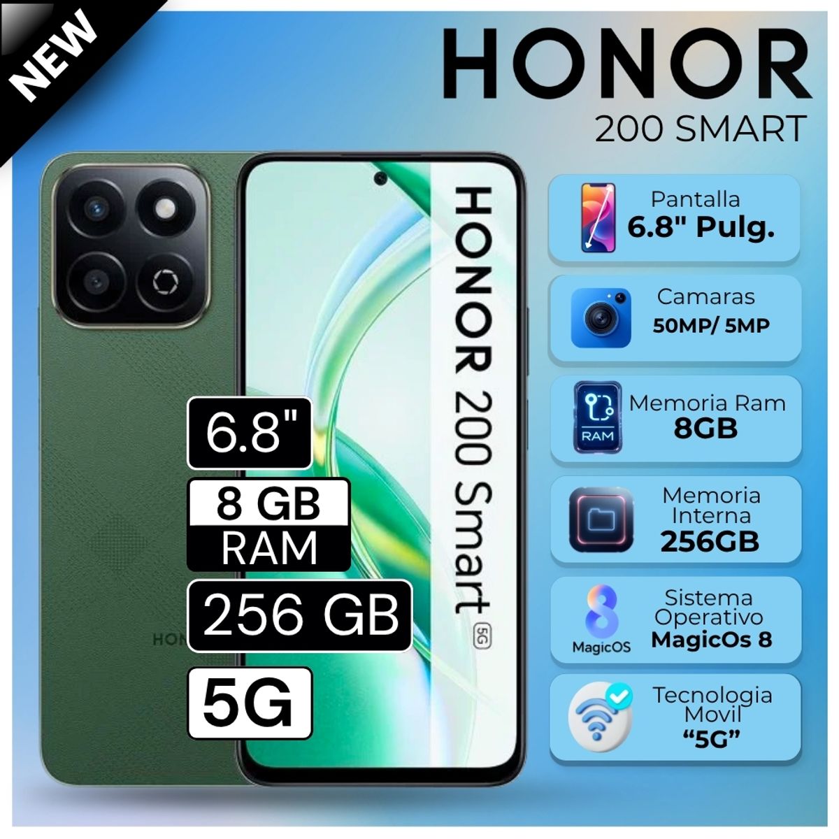 HONOR - Celular Honor 200 Smart 6.8"  Pulg. 8GB RAM 256GB RAM MagicOS 8.0 - Verde