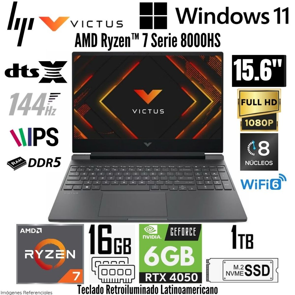 HP - Latpop HP Victus 15-FB3013LA  AMD Ryzen 7 8845HS 16GB RAM 1TB SSD RTX 4050-6GB 15.6"  FHD 144Hz
