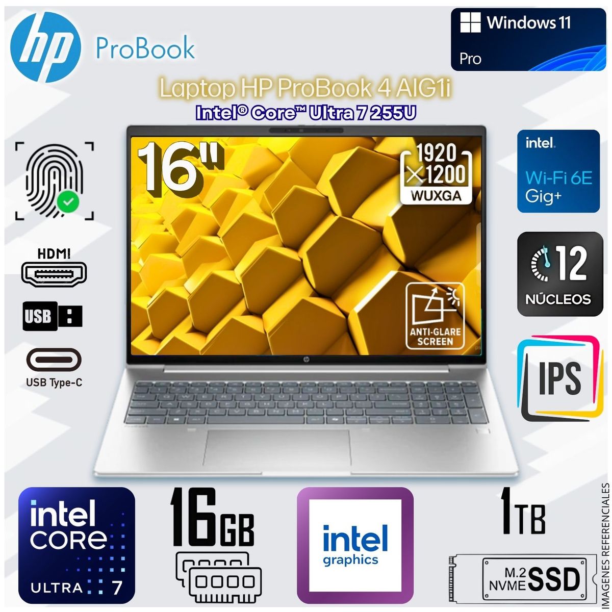 HP - Laptop Notebook HP ProBook 4 AIG1i 16" WUXGA Intel® Core™ Ultra 7 255U 16GB DDR5 1TB SSD - BH8M9LT