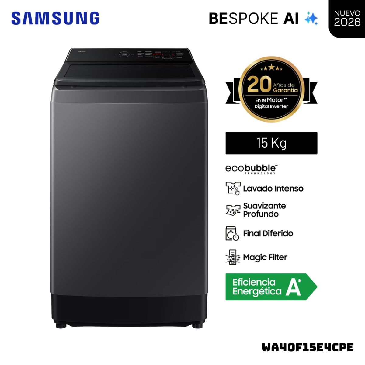 SAMSUNG - LAVADORA SAMSUNG ECOBUBBLE AI 15 KG CARGA SUPERIOR GRIS GRAFITO - WA40F15E4CPE