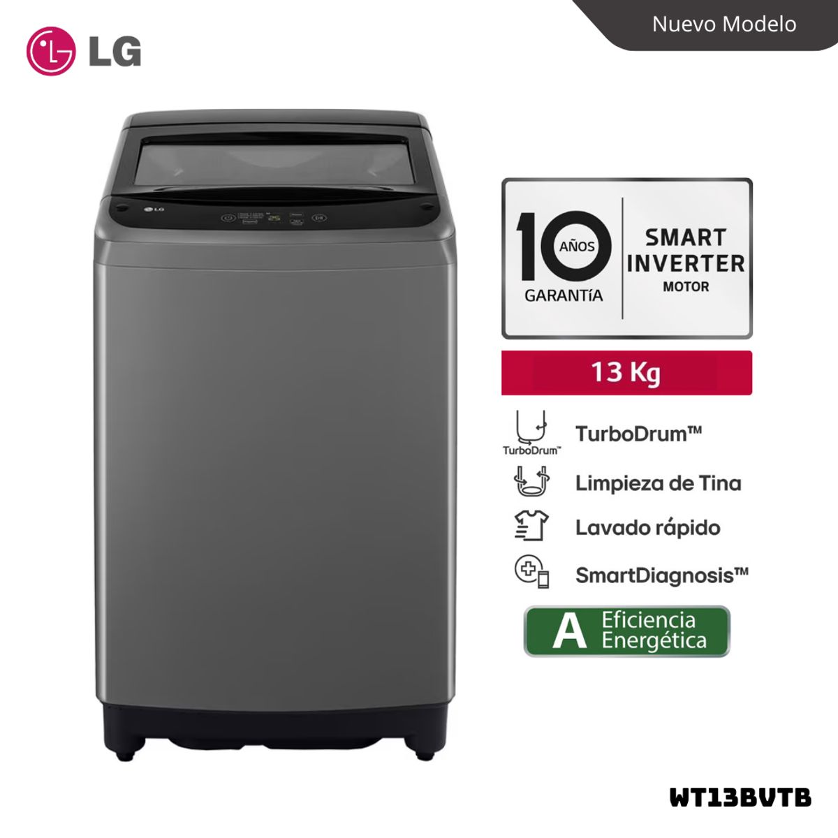 LG - LAVADORA LG TURBODRUM 13 KG CARGA SUPERIOR NEGRO CLARO - WT13BVTB